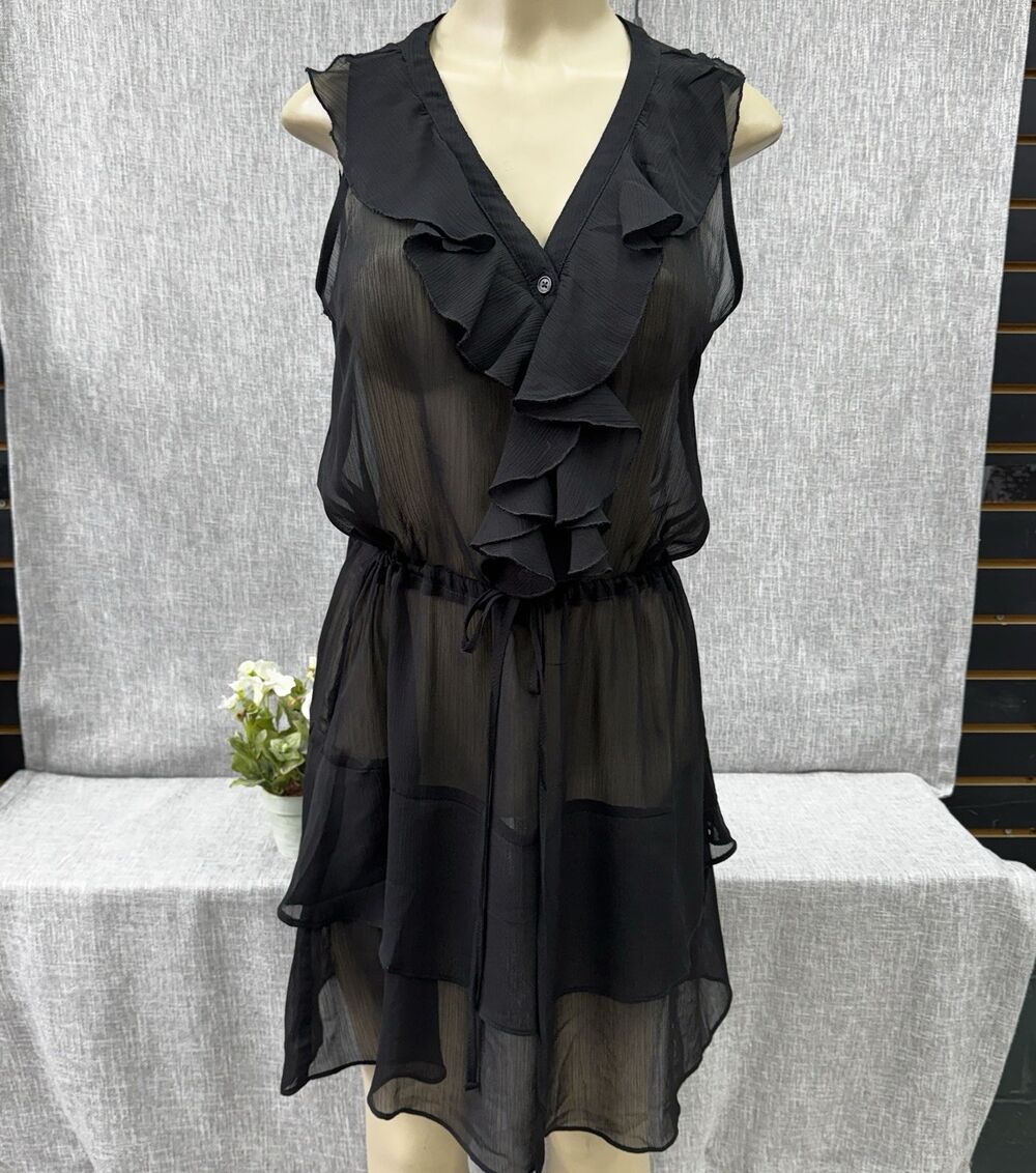 Old Navy Black Chiffon Ruffle Dress M Sleeveless Tiered Sheer Drop Waist Y2K